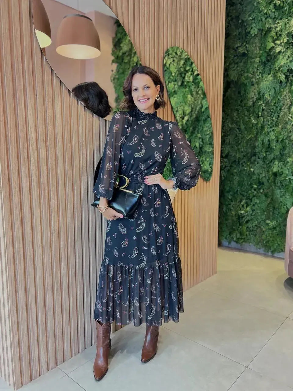 Vestido Midi em Tule Estampado Paisley