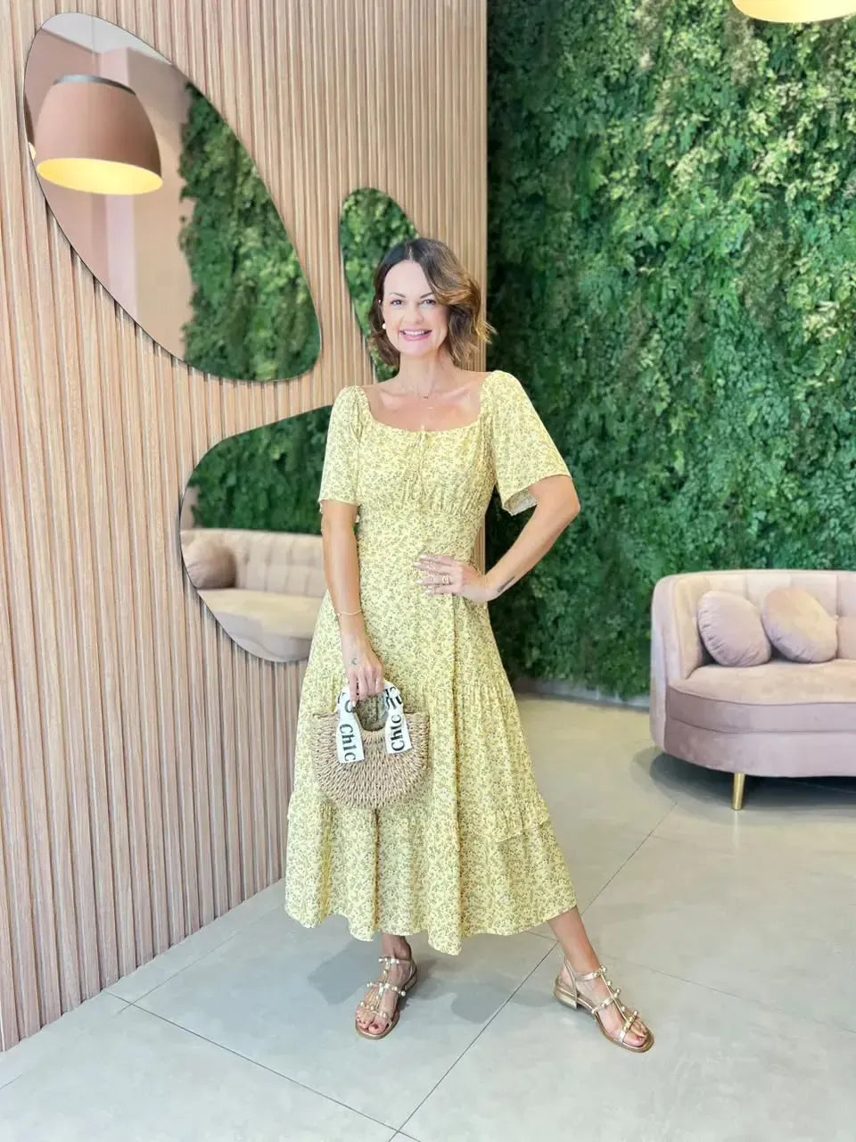Vestido Midi em Viscolinho Estampa Floral, Amarelo