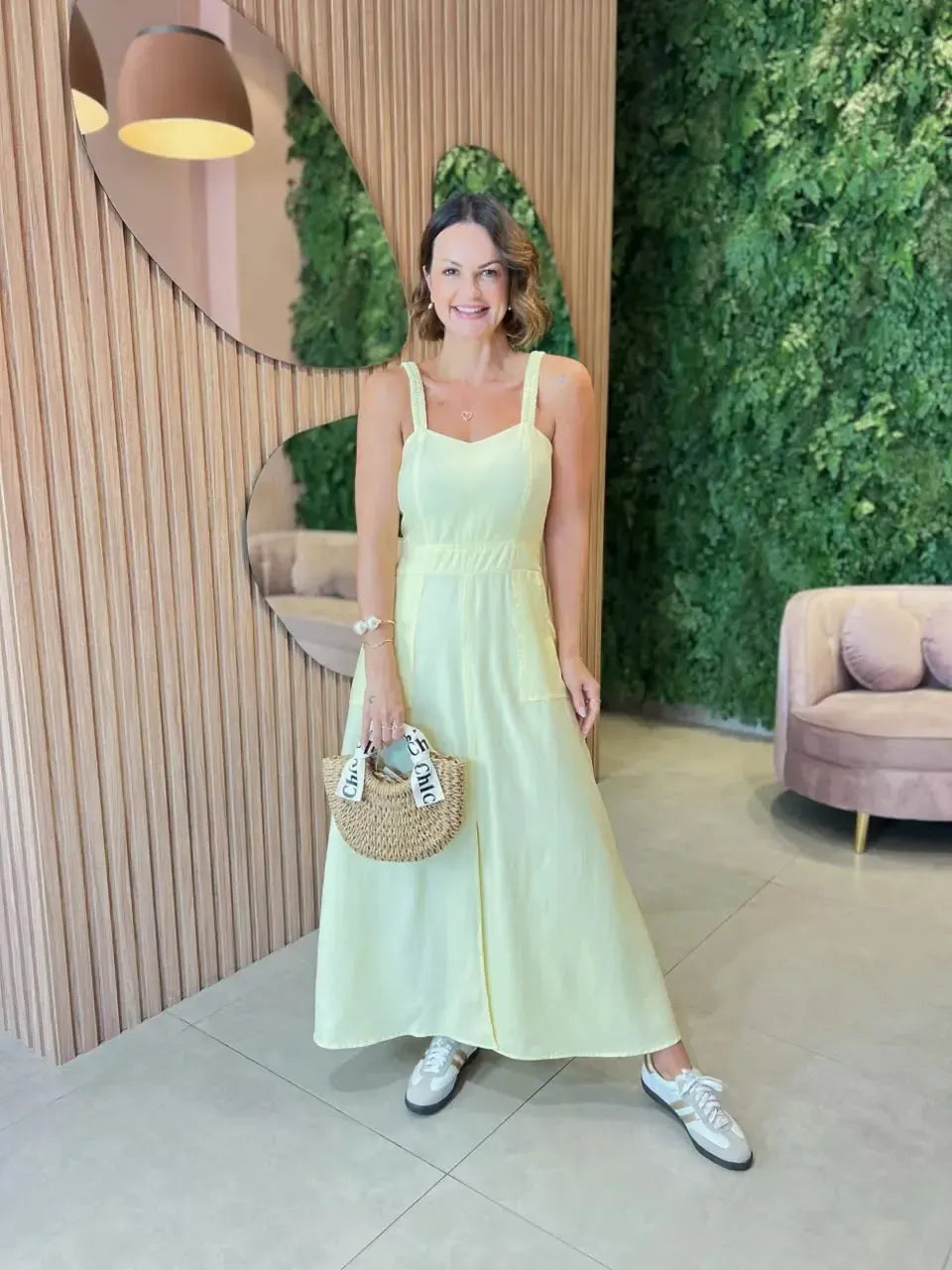Vestido Sucesso com Fenda Frontal, Amarelo