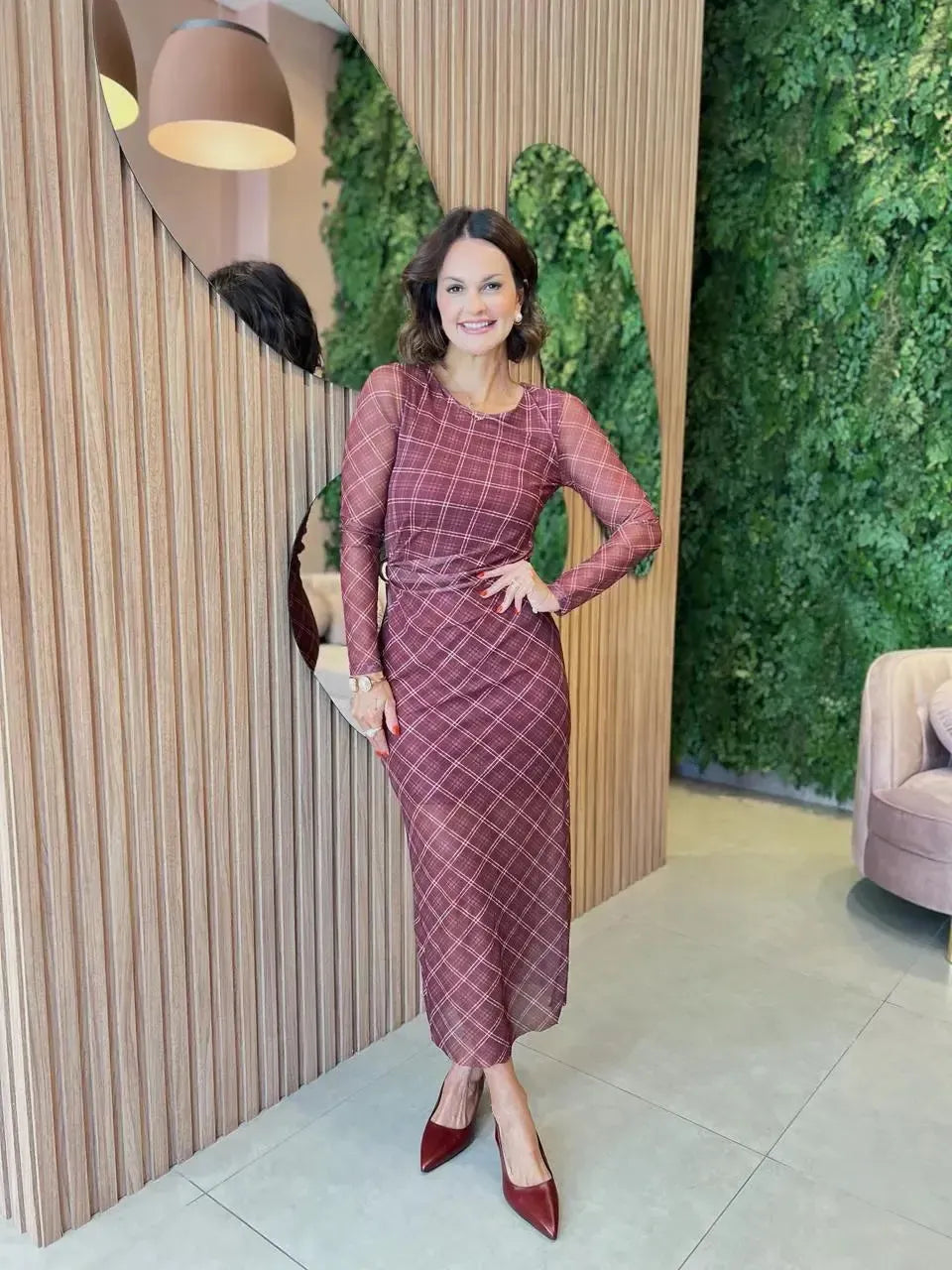Vestido Tule Xadrez com Drapeado na Cintura, Marsala