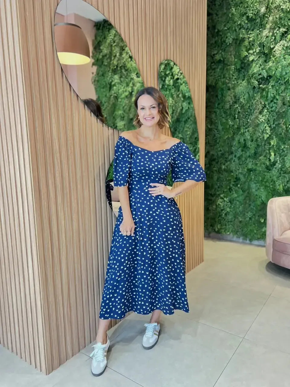 Vestido Viscolinho Com Estampa Coração, Azul Marinho