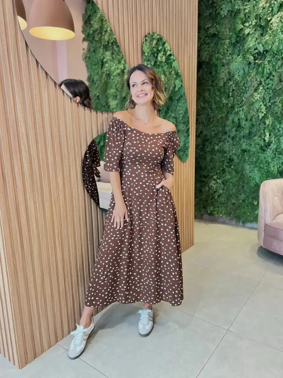 Vestido Viscolinho Com Estampa Coração, Marrom