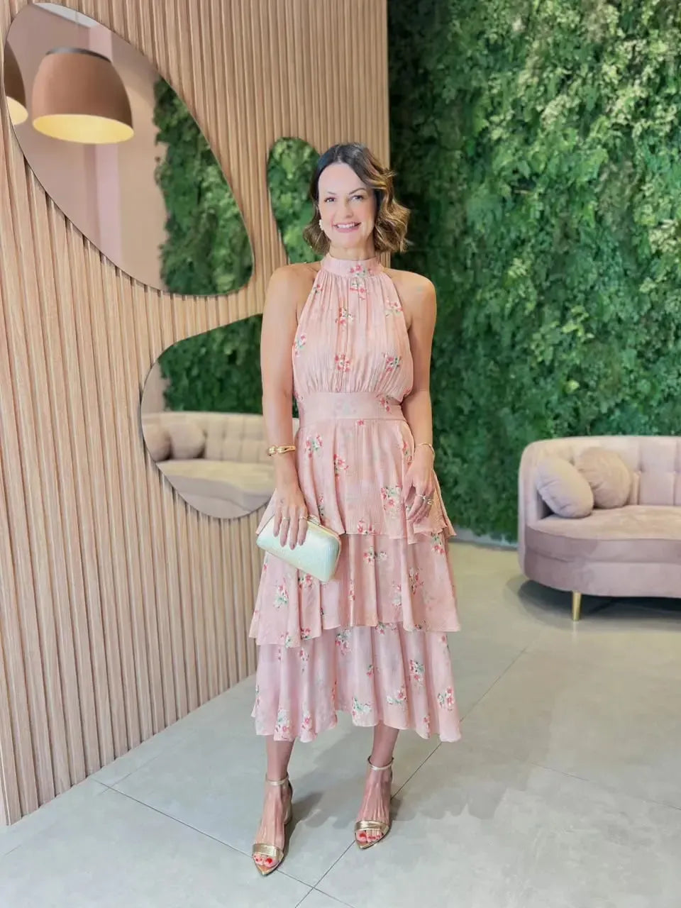 Vestido Viscose Em Camadas Floral, Rose