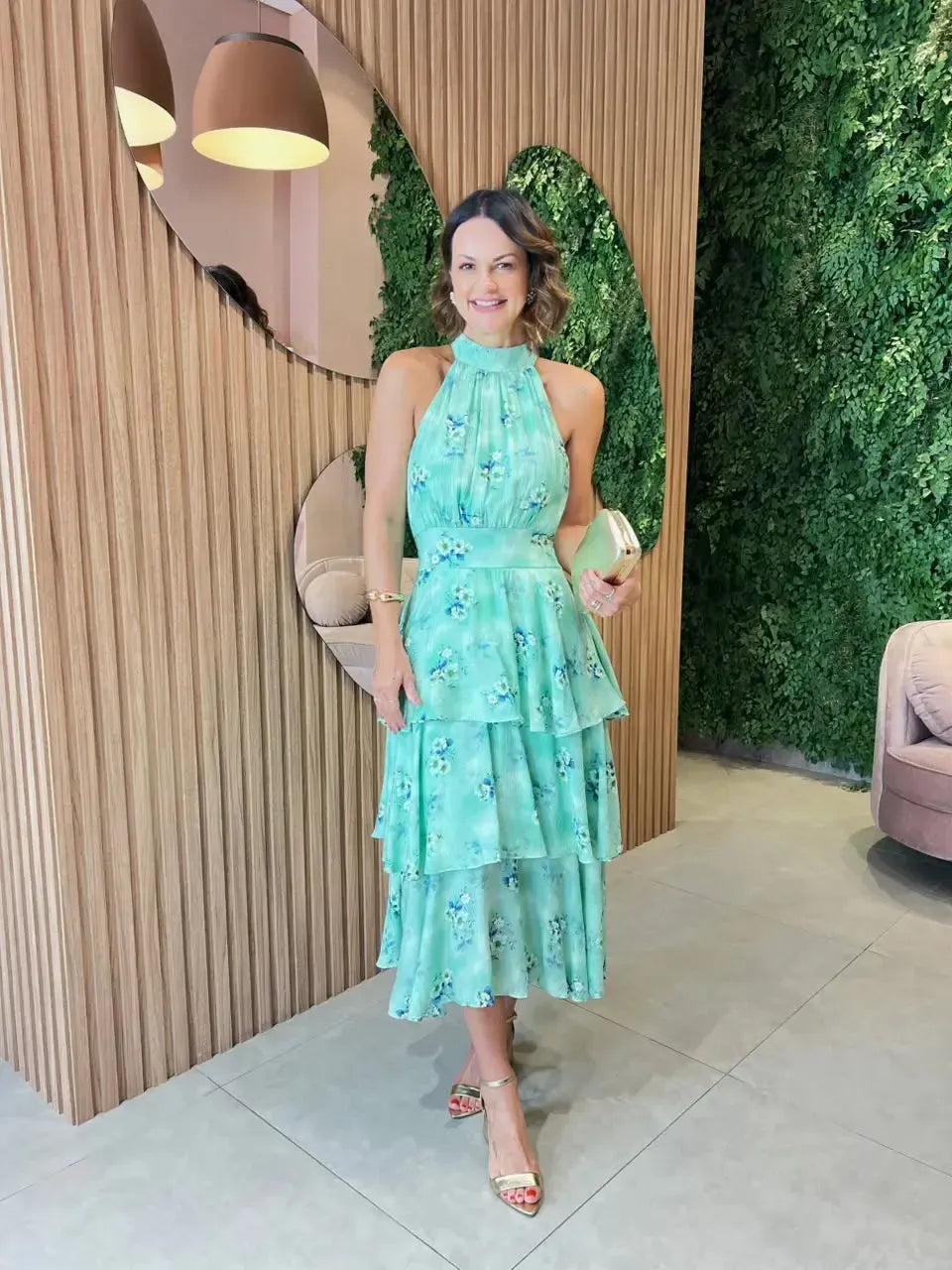 Vestido Viscose Em Camadas Floral, Verde