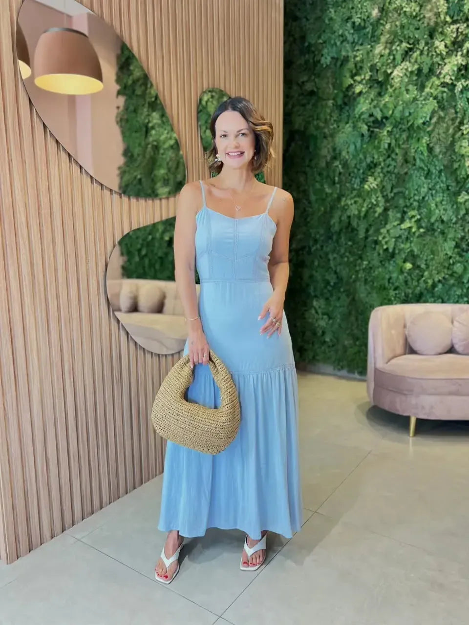 Vestido com Decote Coração, Azul