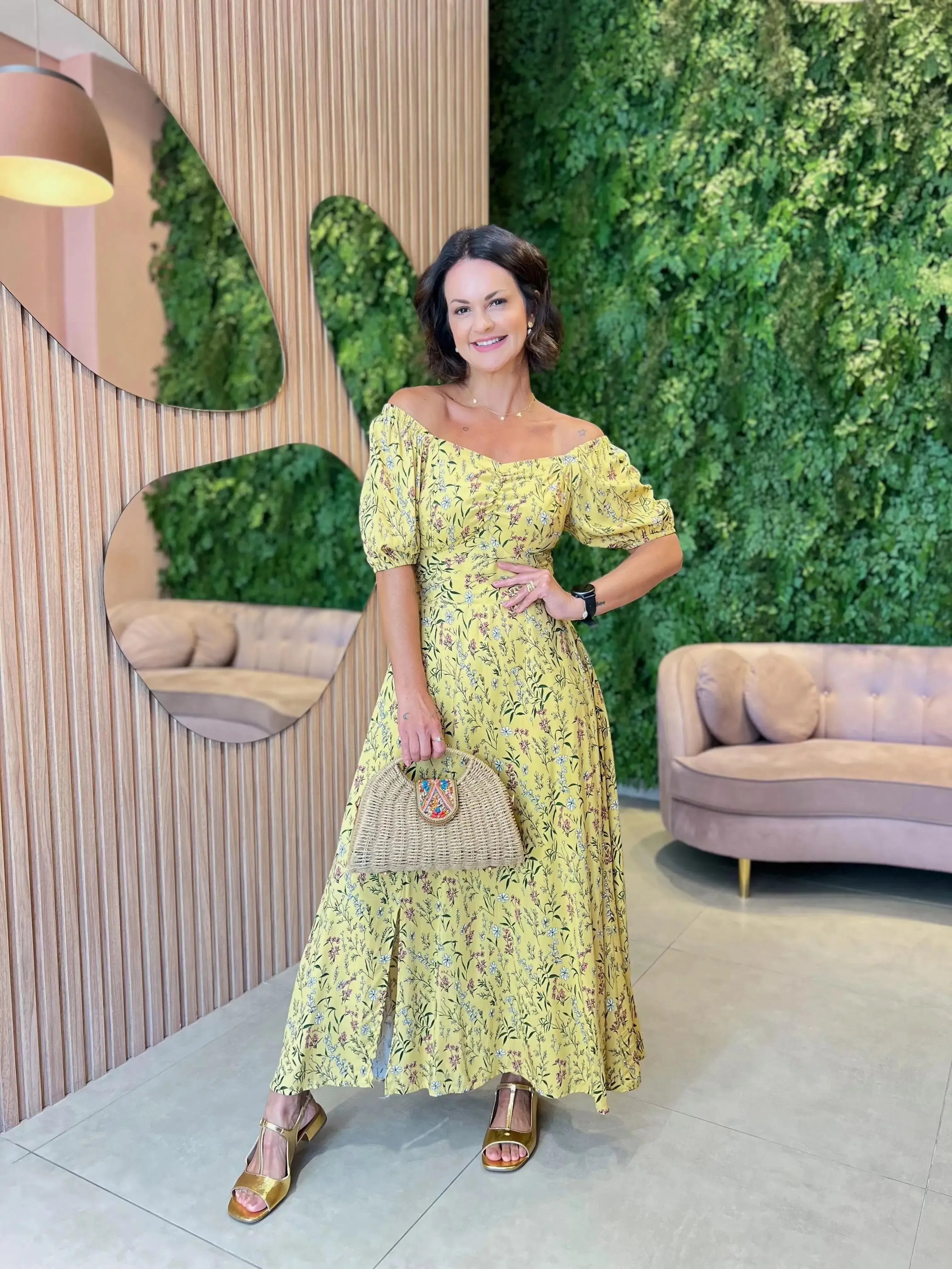 Vestido com Drapeado no Busto, Amarelo Floral