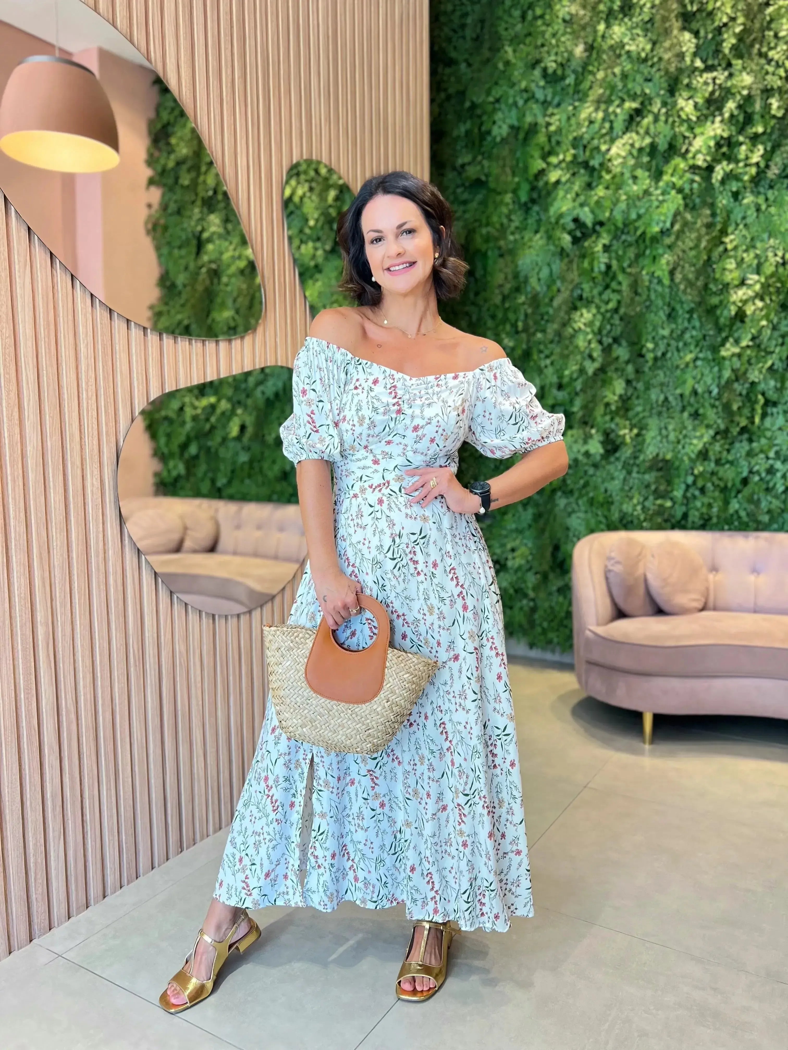 Vestido com Drapeado no Busto, Off White Floral