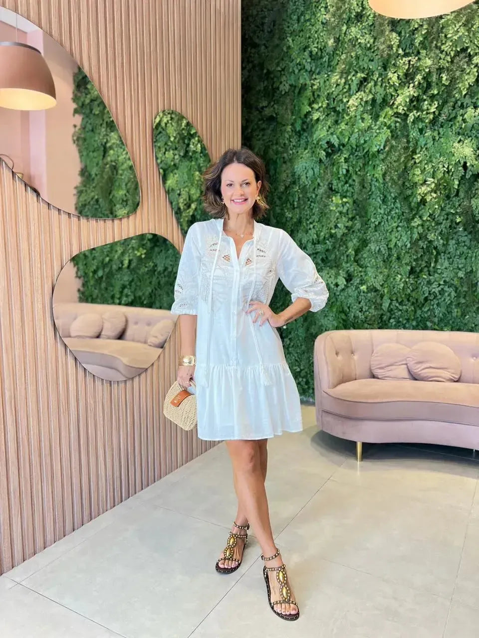 Vestido curto em Algodão Bordado, Off-white