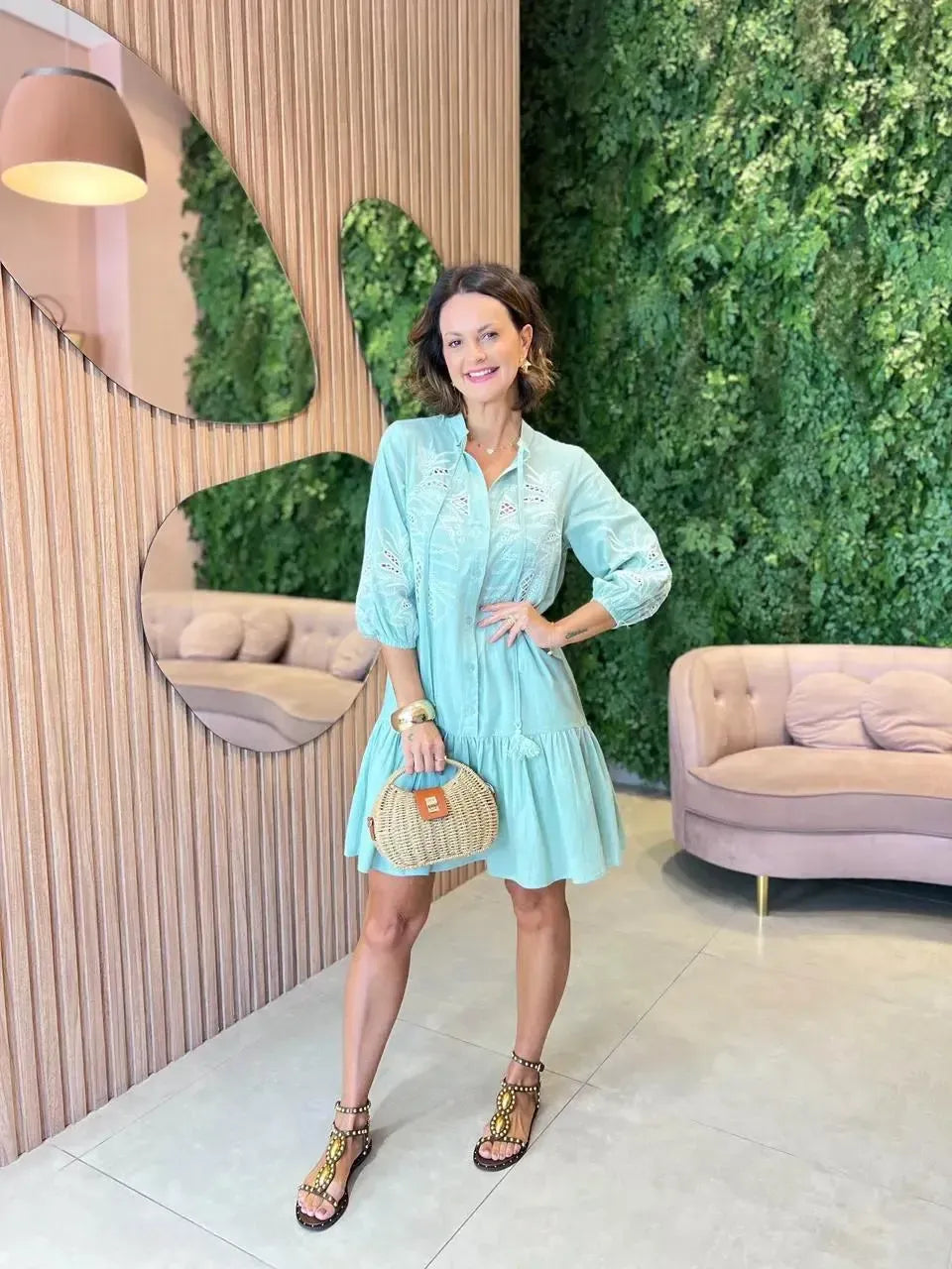 Vestido curto em Algodão Bordado, Verde Água