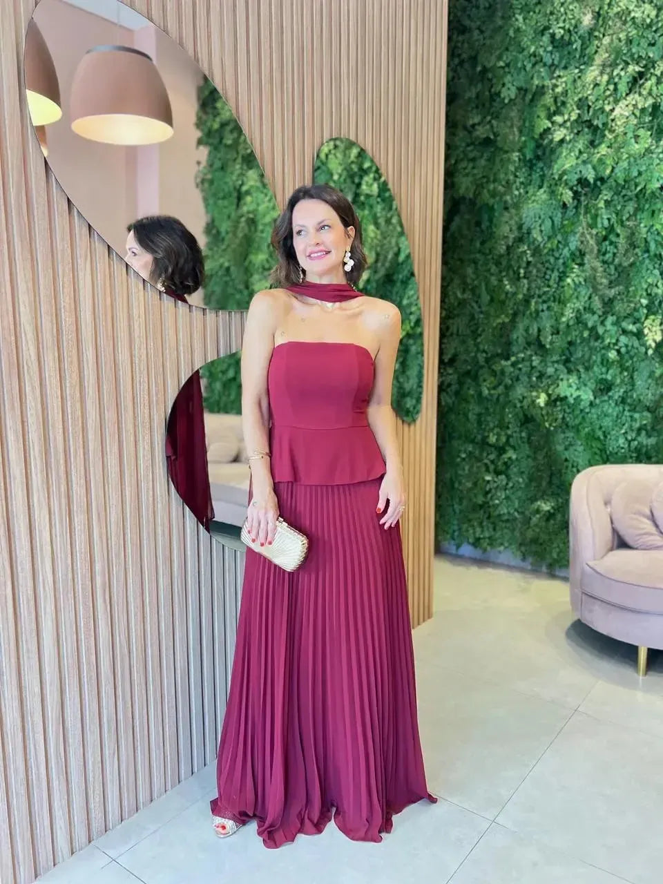 Vestido de Festa Longo sem Alça em Chiffon, Marsala