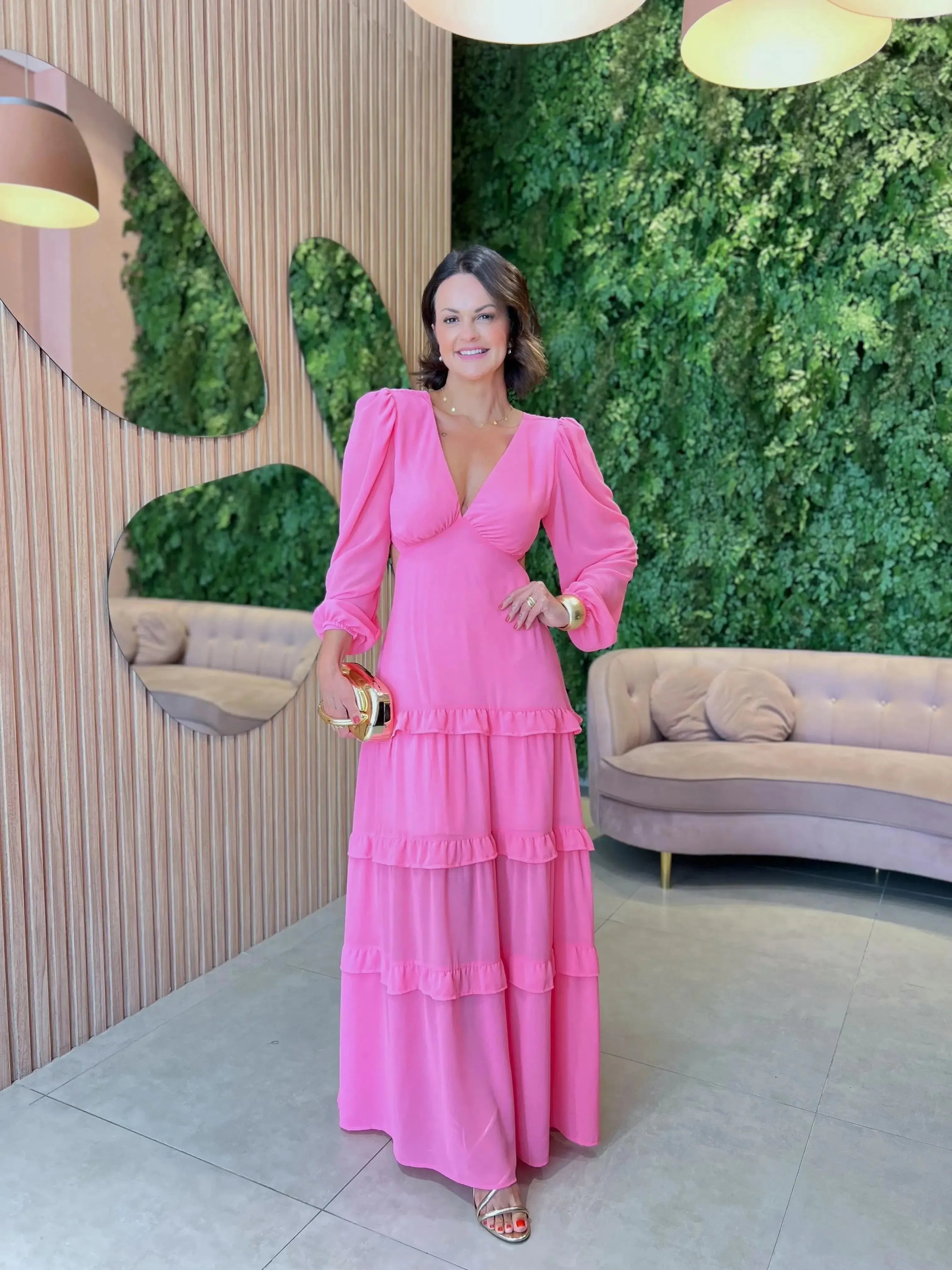 Vestido em Crepe Longo com Decote nas Costas, Rosa