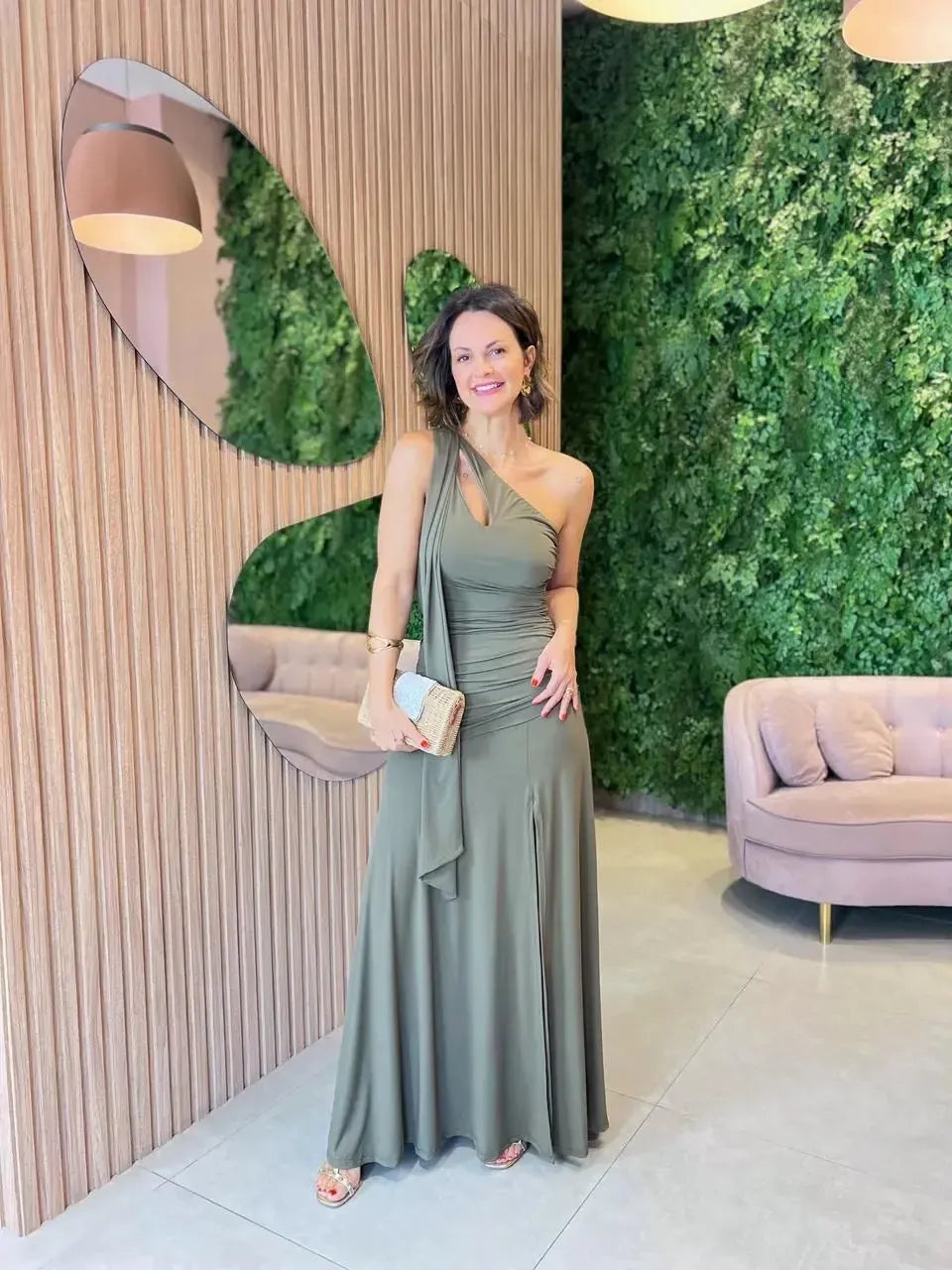 Vestido em Fluity longo , Verde Musgo