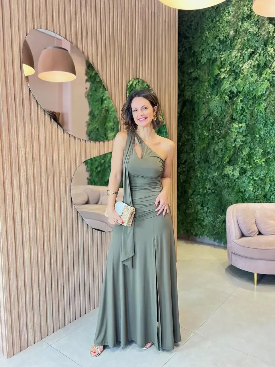 Vestido em Fluity longo , Verde Musgo