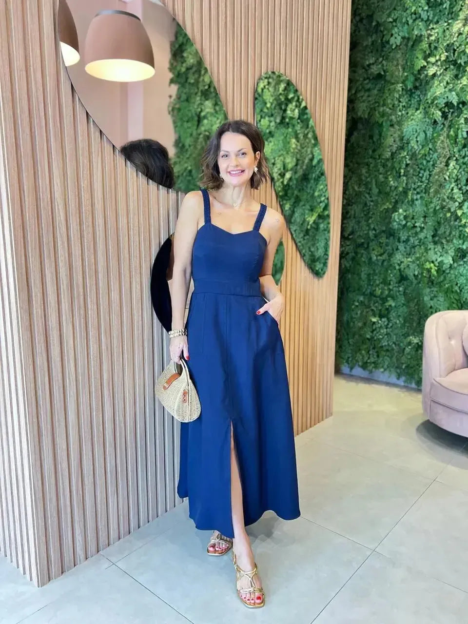 Vestido em Liocel com Bolso Alça Franzida, Azul Marinho
