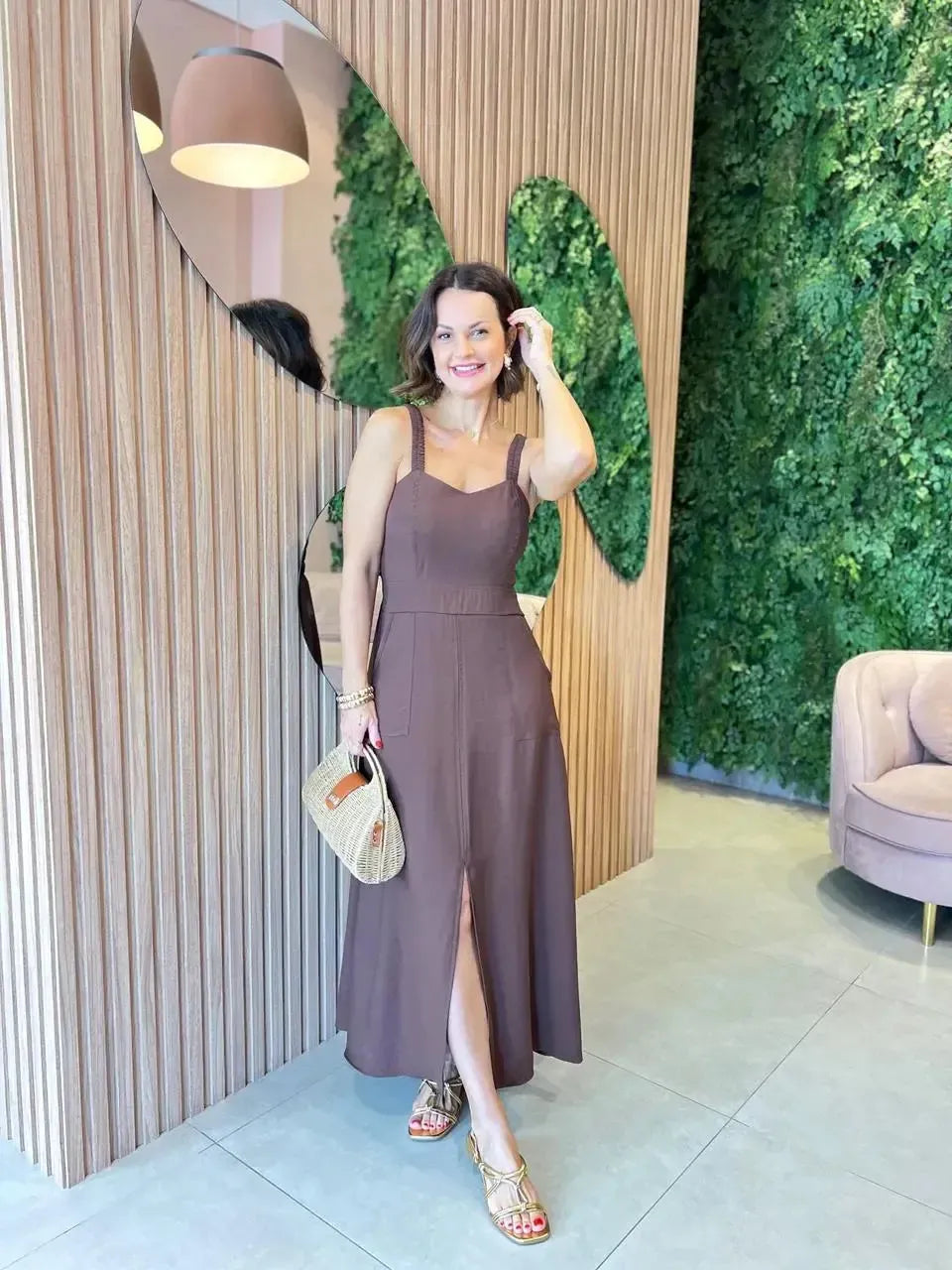 Vestido em Liocel com Bolso Alça Franzida, Marrom