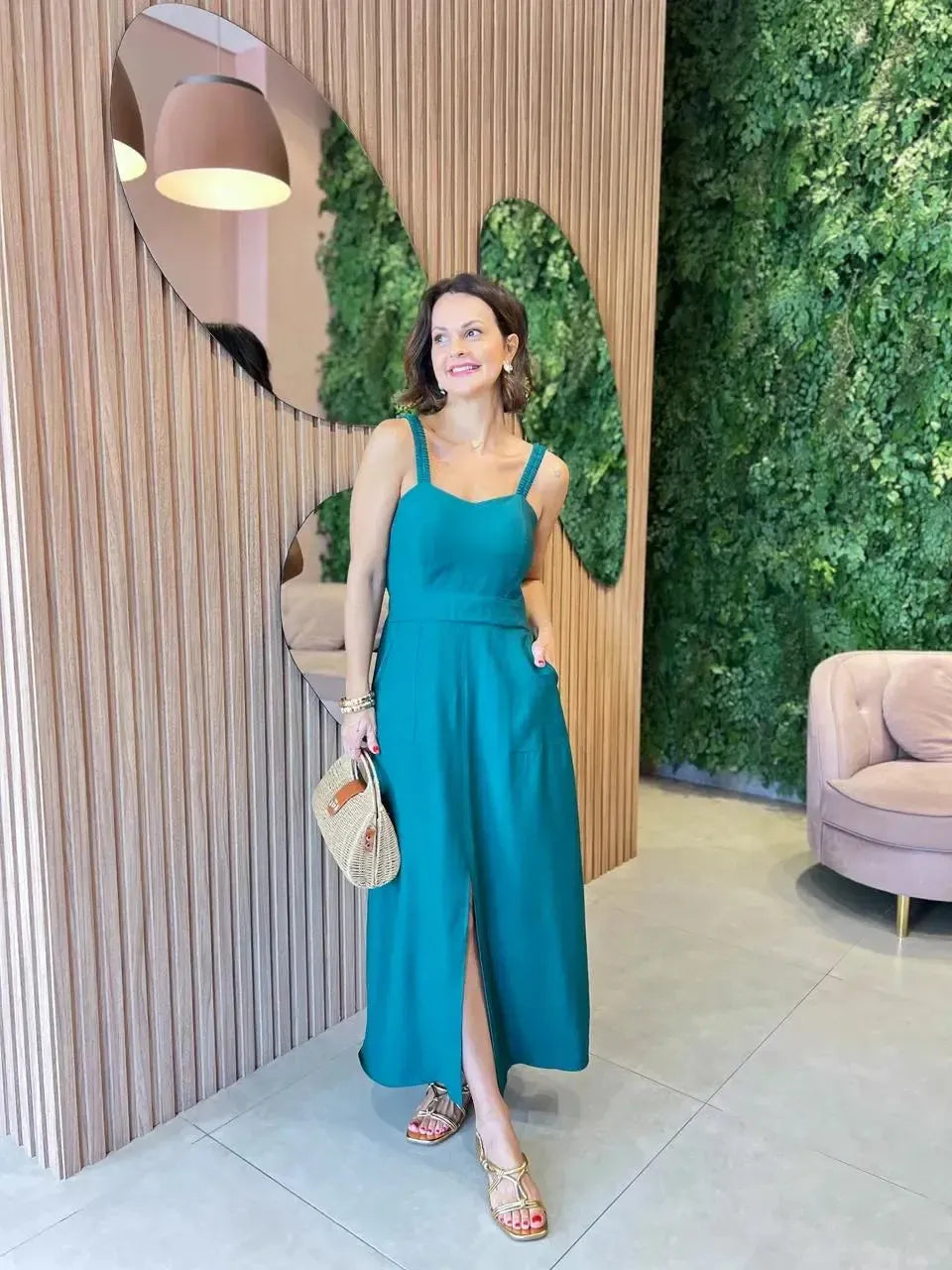 Vestido em Liocel com Bolso Alça Franzida, Verde Esmeralda