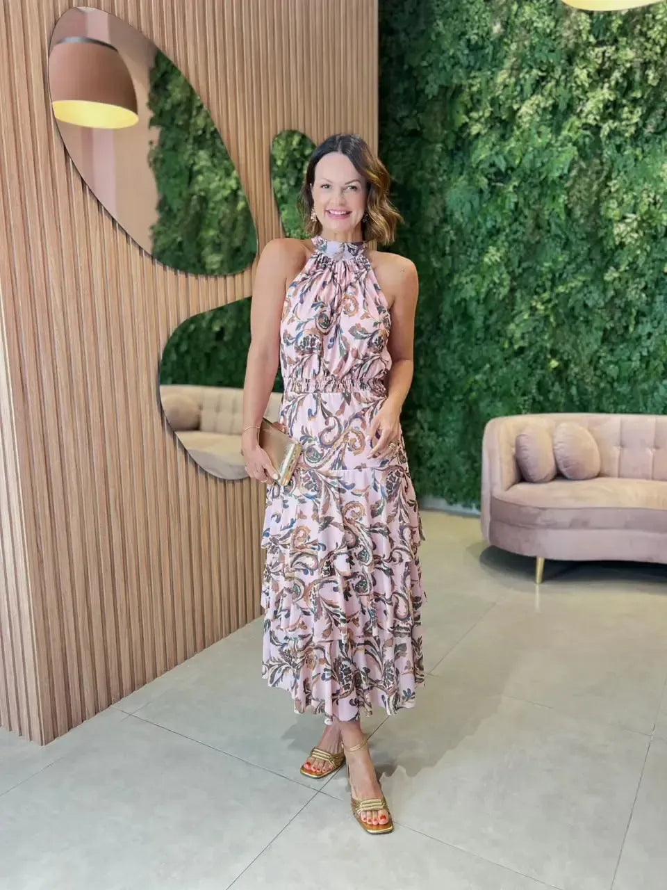 Vestido em Tule com Estampa Arabesto, Rosa