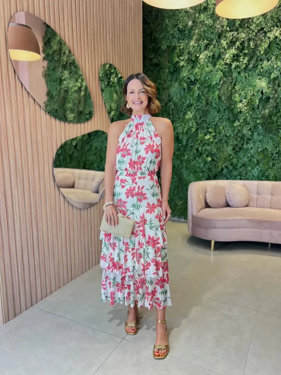 Vestido em Tule com Estampa Floral Rosa