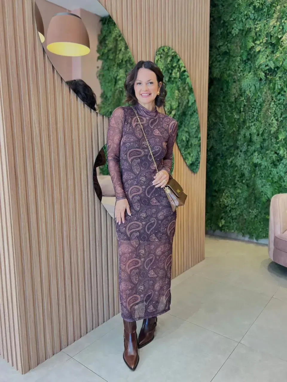 Vestido em Tule com Estampa Paisley, Marsala