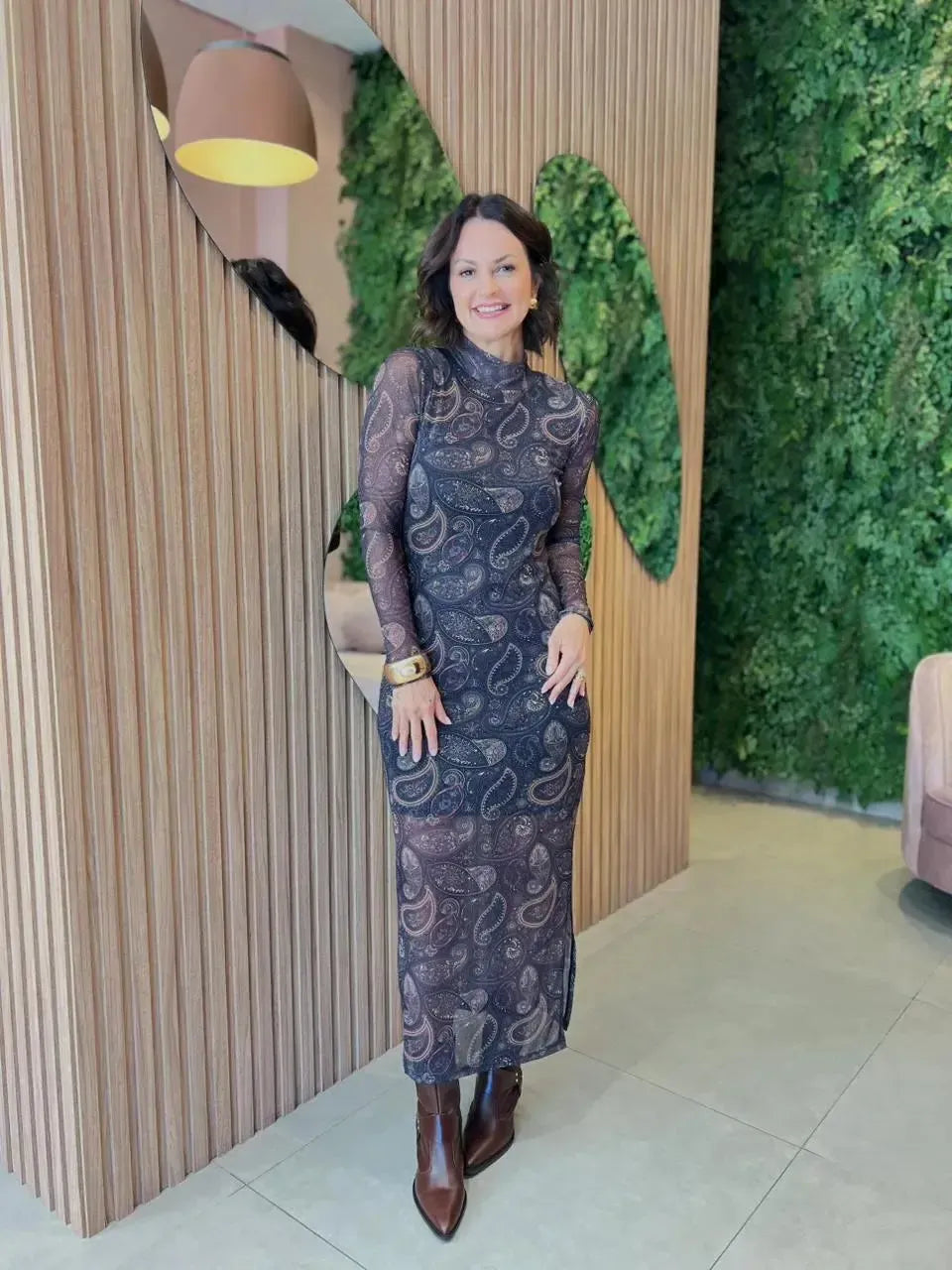 Vestido em Tule com Estampa Paisley, Preto