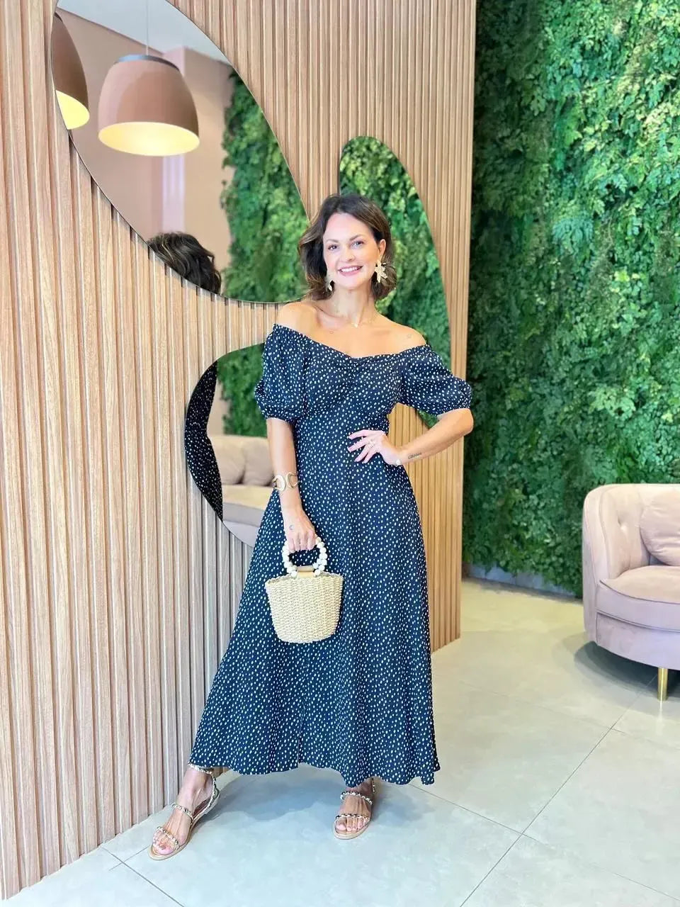 Vestido em Viscolinho Poa, Azul Marinho