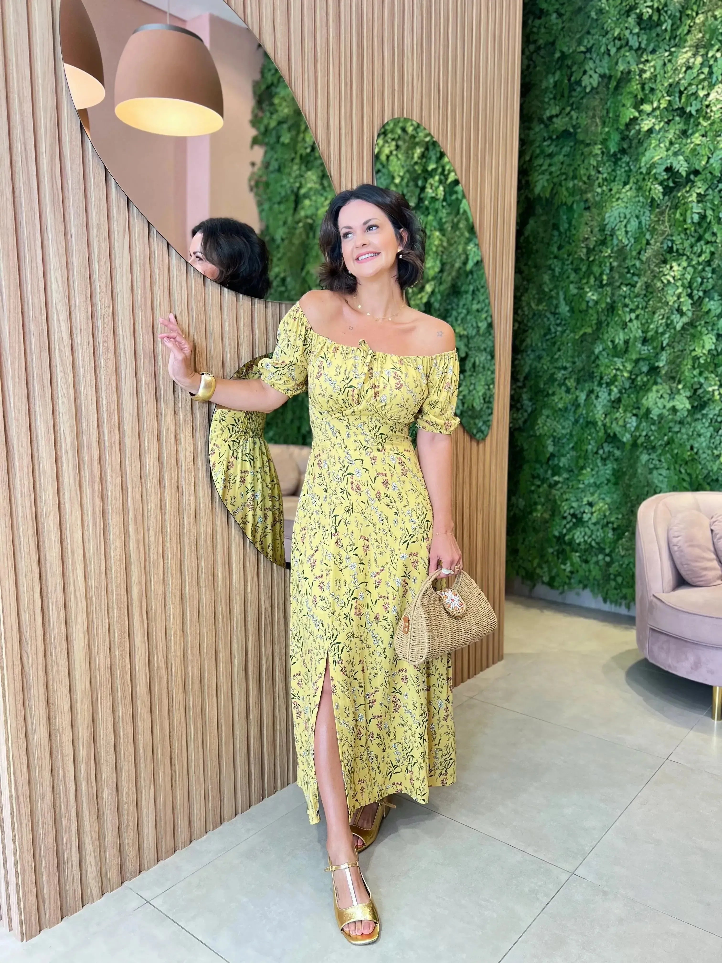 Vestido em Viscolinho com Bojo, Amarelo Floral