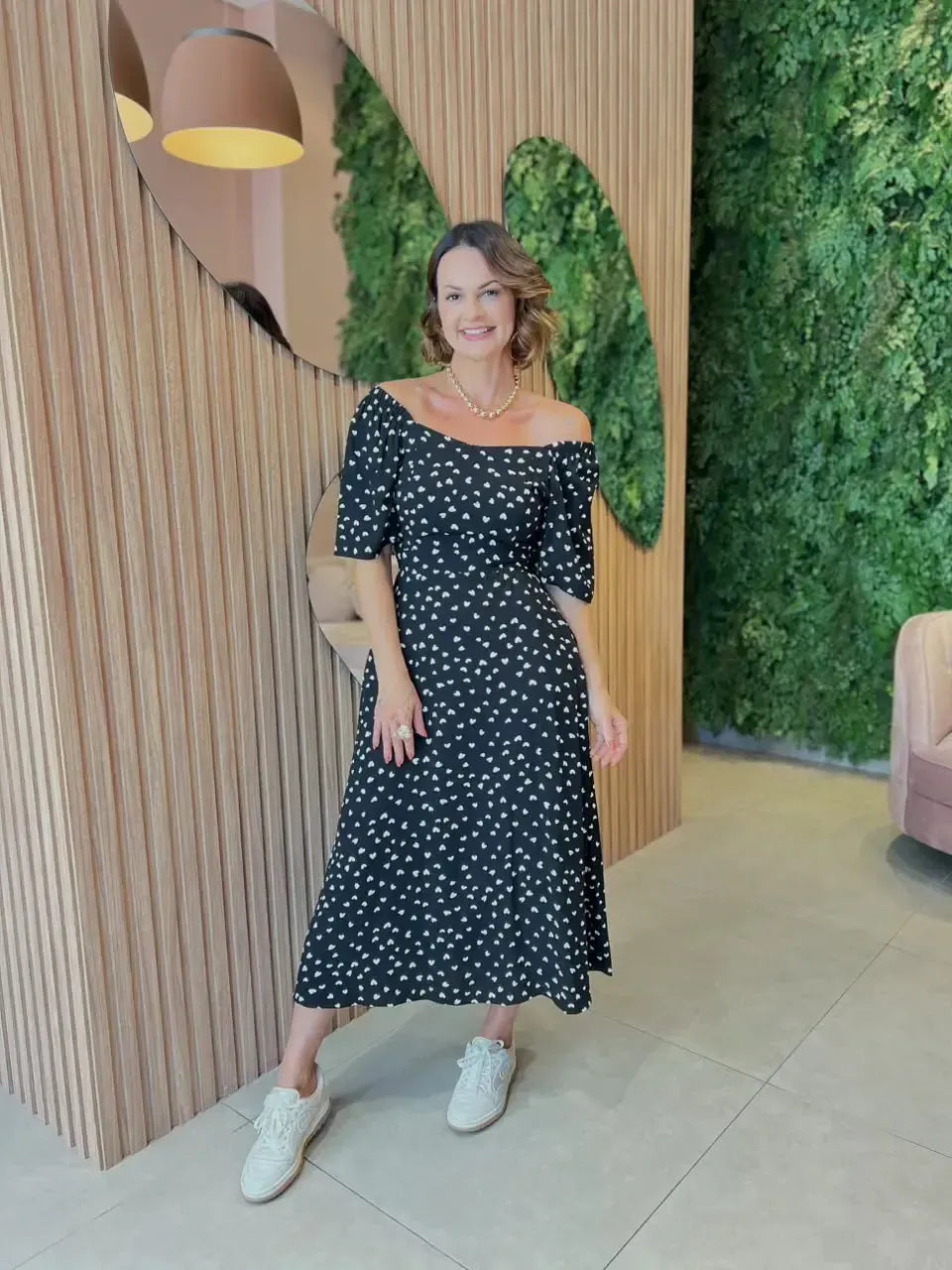 Vestido em Viscolinho com Estampa Coração, Preto