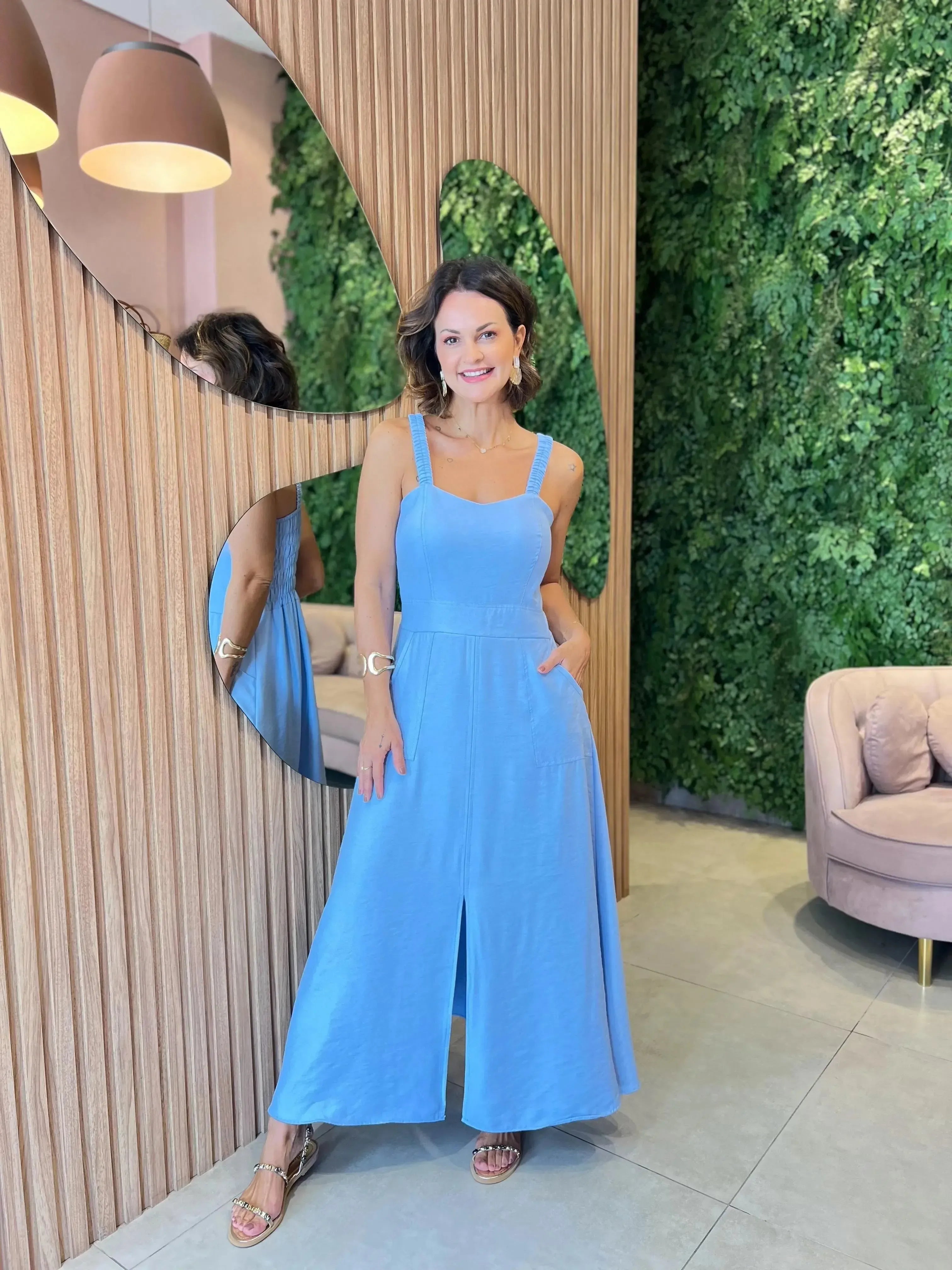 Vestido em liocel com bolso , Azul