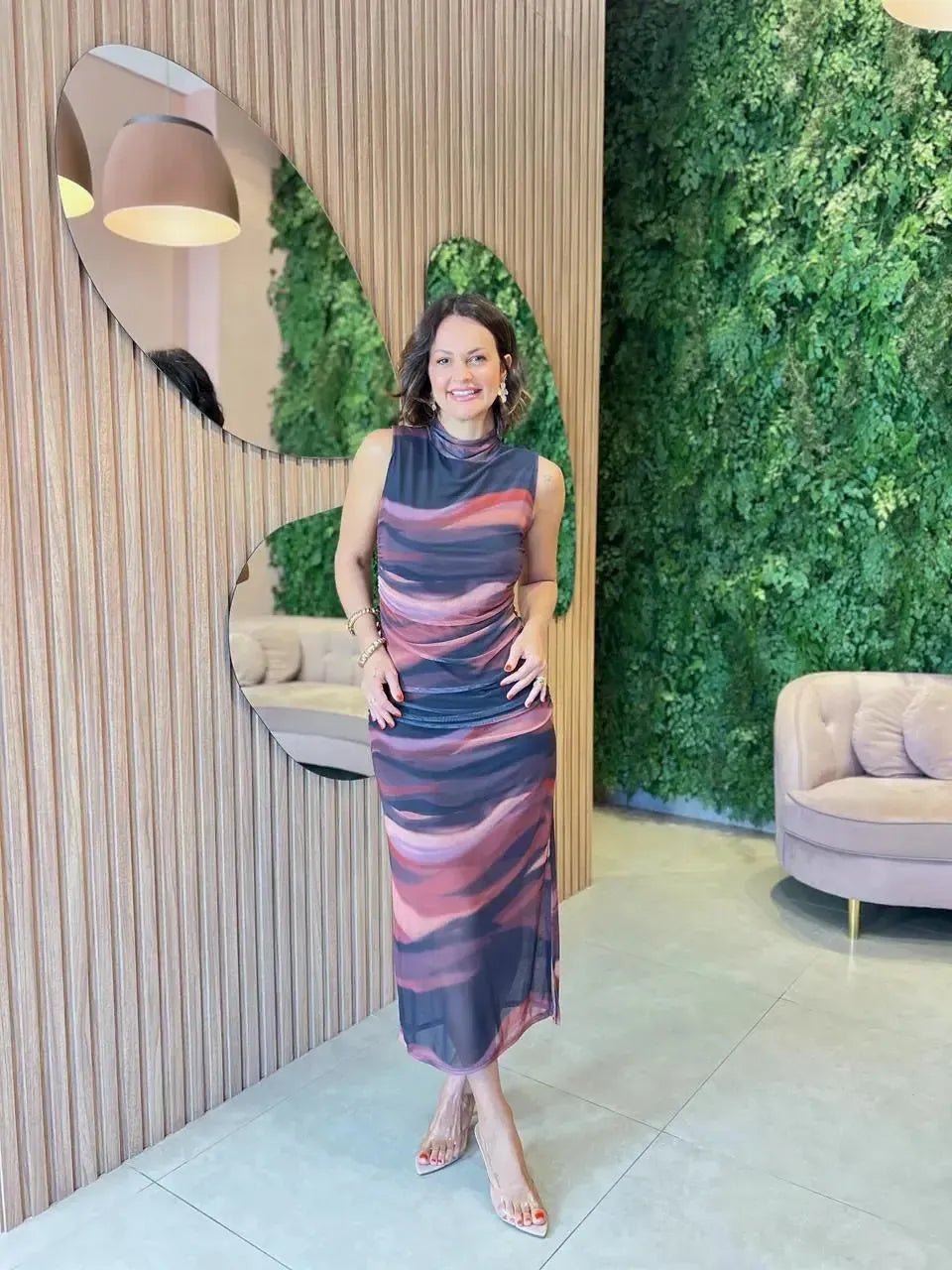 Vestido em tule Franzido, Estampado Preto e marrom