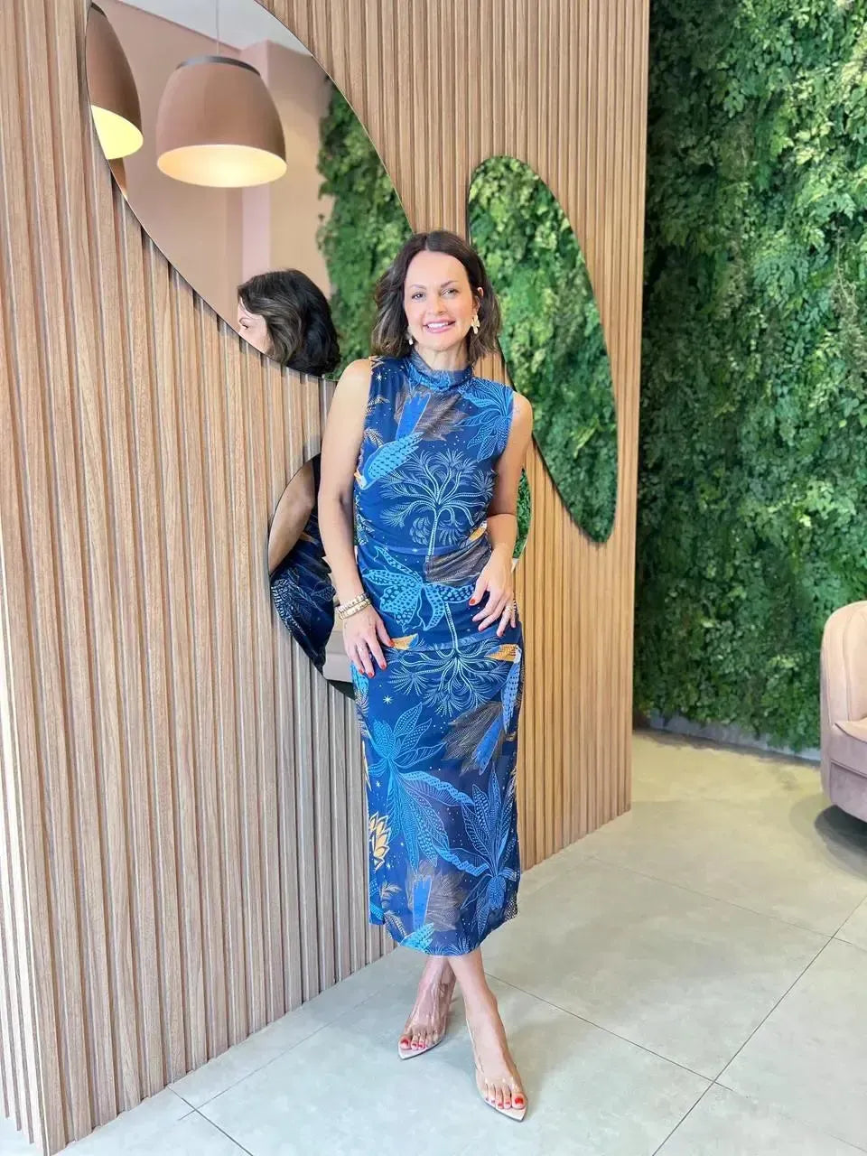 Vestido em tule Franzido , Estampado azul floral