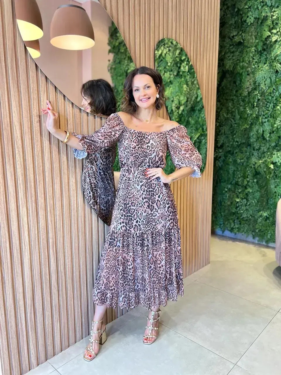 Vestido em tule Midi , Animal Print