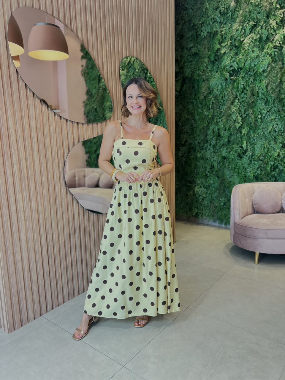 Conjunto Saia Longa + Cropped, Amarelo Poa