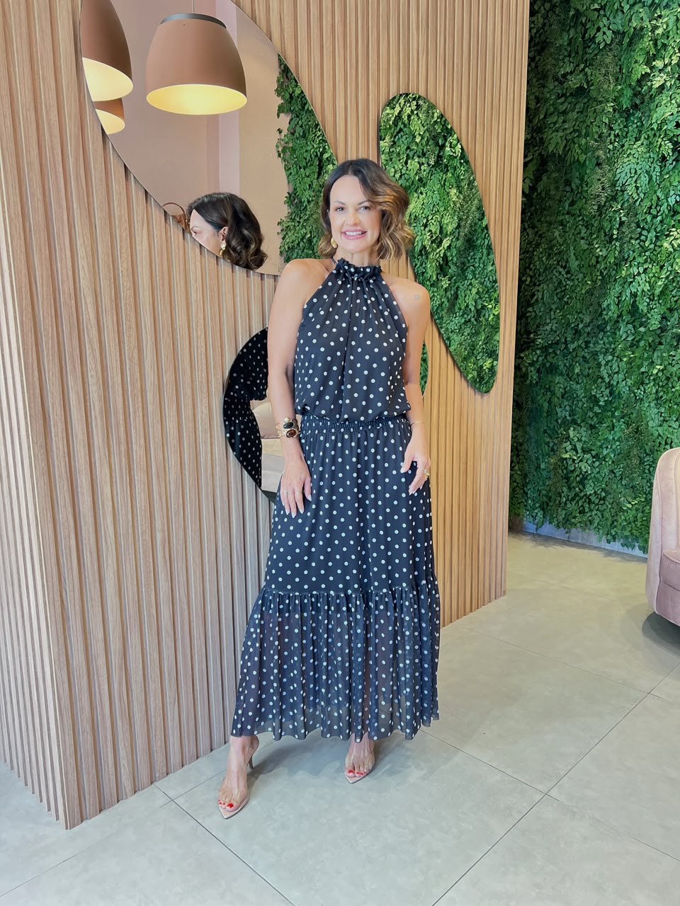 Conjunto em Tule Blusa Balonê + Saia Midi Poa, Preto