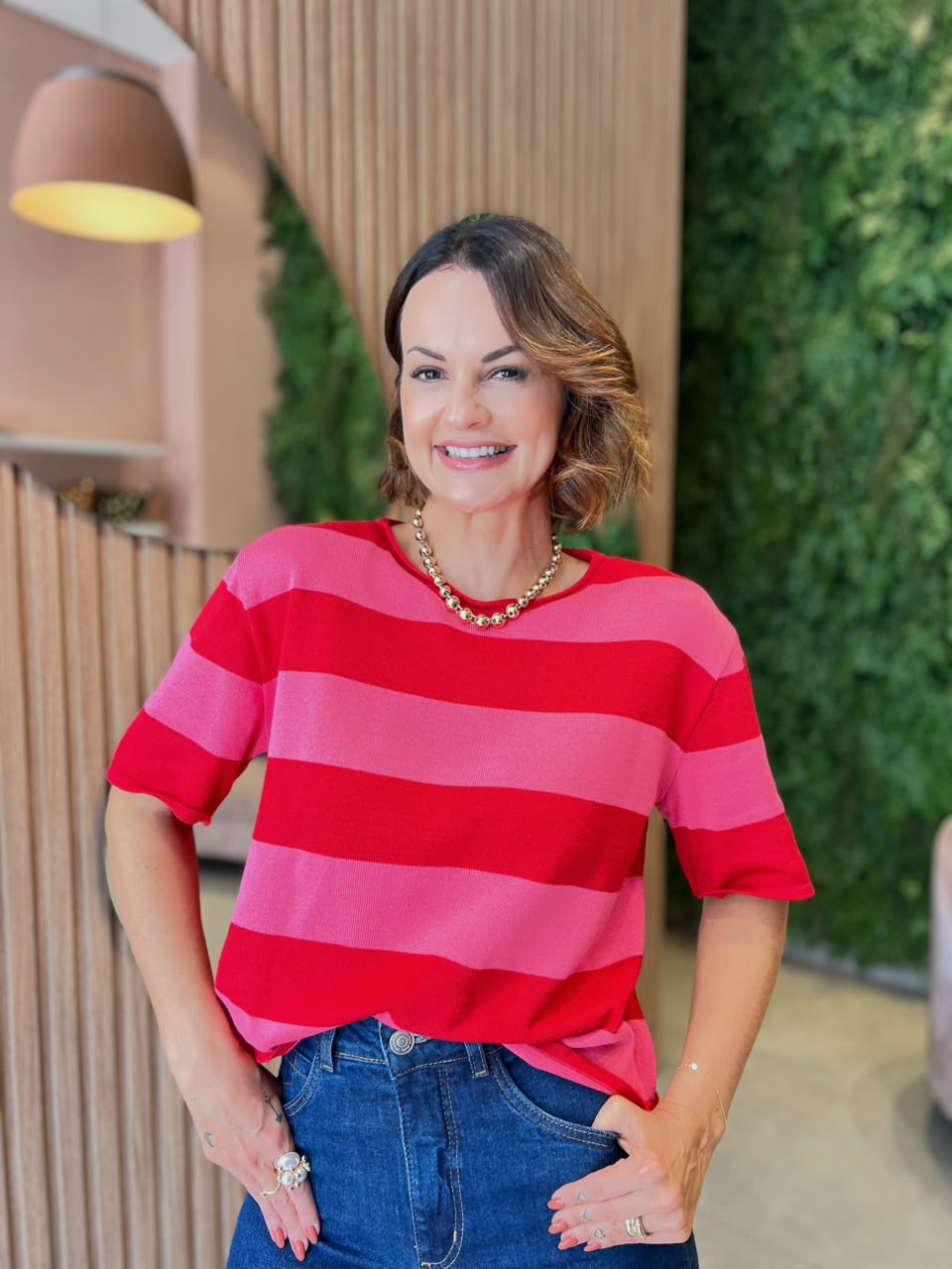 Blusa Listrada em Tricô Modal, Vermelha