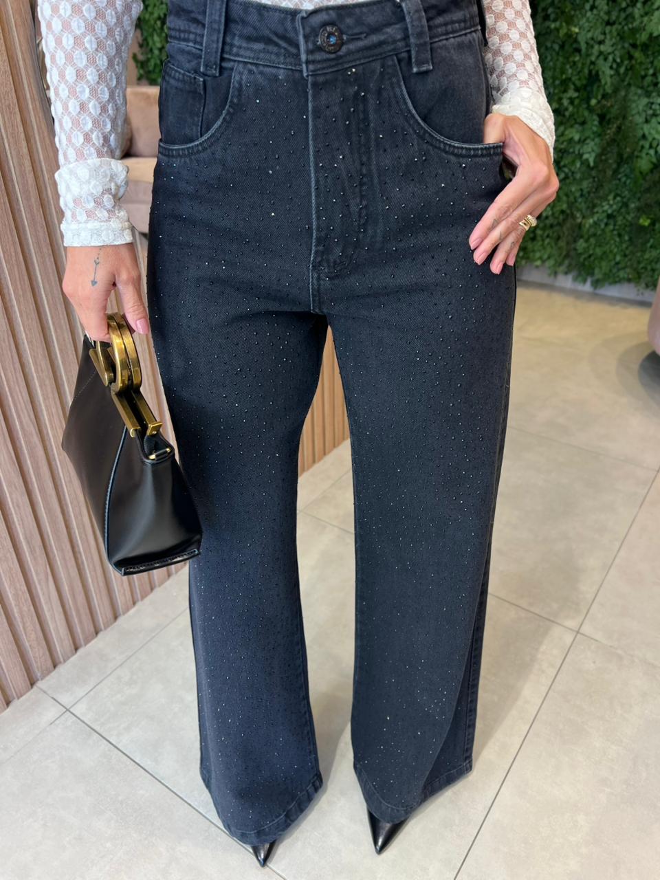 Calça Wide Leg Jeans com Brilhos
