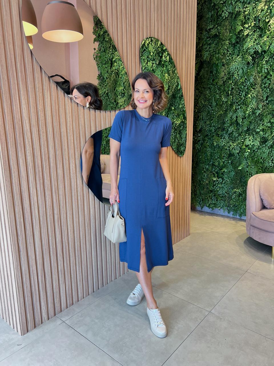 Vestido Moletinho com Fenda Frontal, Azul